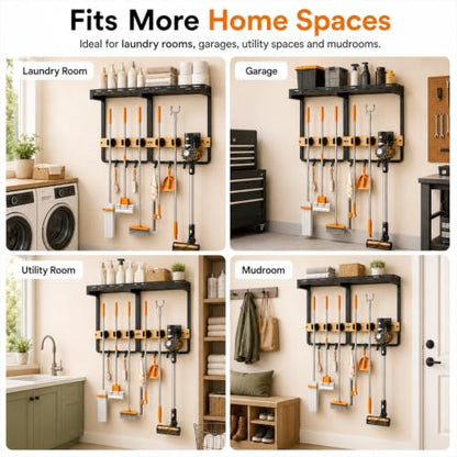 Large Broom Holder and Mop Organizer Wall Mount with Shelf - size: Large