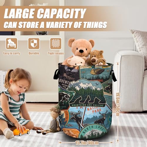 Retro Mountain Bear Laundry Basket, Foldable Wild Animals Laundry Hamper Tote Bag Dirty Clothes Storage Bucket Organizer for Bathroom/Laundry/Bedroom 15.7"x19.6" - color: Bear Deer