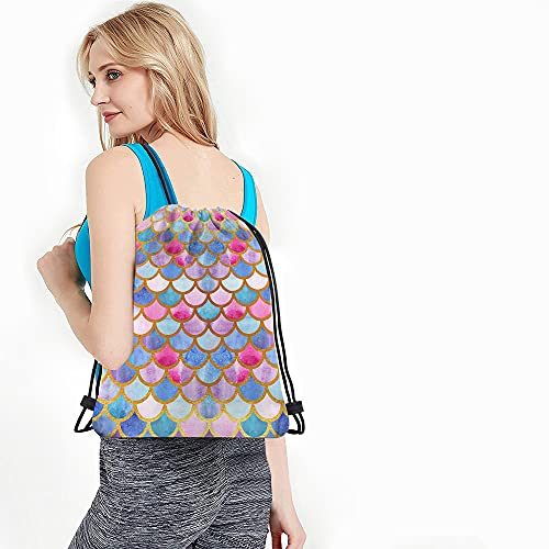 Mermaid Scales Drawstring Bags Backpack Bag Watercolor Animal Fish Mermaid Tale Pattern Cool Design Modern Sport Gym Sack Drawstring Bag String Bag Yoga Bag for Men Women - color: Multi-a107