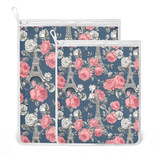 Mesh Laundry Bags Lingerie Bags for Washing Delicates 2 PCS Durable Wash Bag with Zipper Small and Medium Washable Blue French Eiffel Tower and Roses - color: Blue French Eiffel Tower and Roses