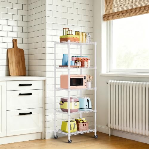 REGILLER 5-Wire Shelving Metal Storage Rack Adjustable Shelves,Standing Storage Shelf Units for Laundry Bathroom Kitchen Pantry Closet(White,11.8" D x 16.6" W x 53.5" H,With Wheels) - color: White, size: With Wheels 5tier 11.8"D x 16.6"W x 53.5"H