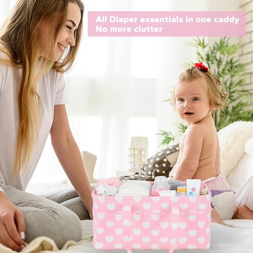 Diaper Caddy Organizer for Baby Girl-Nursery Storage Bin-Portable Car Organizer for Diapers and Baby Wipes- Baby Shower Registry Basket Newborn Must Have Tote Caddy Bag（Pink Heart） - color: Pink Heart, size: Large