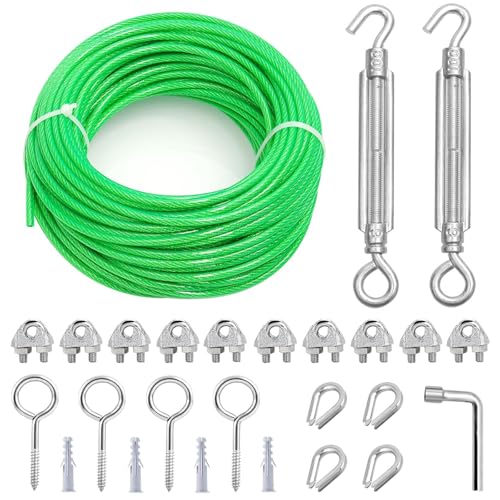 3/16" Clothes Line Outdoors, 50 ft PVC Coated Steel Cable Clip Kit - size: 50 FT