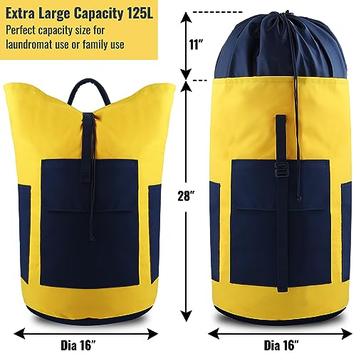 Laundry Bag Backpack 125L Extra Large, Heavy Duty 900D Coated Oxford Fabric, 3 Pockets Durable Travel Laundry Bags with Soft Padded Shoulder Straps for College Dorm, Apartment, Laundromat (Yellow) - color: Yellow