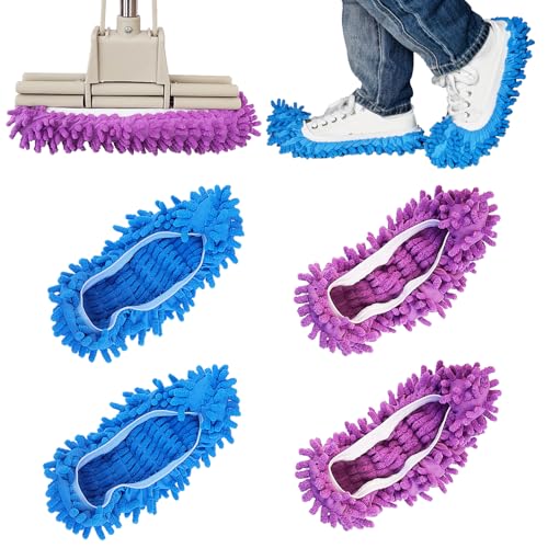 2 Pairs (4 Pieces) Mop Slippers, Multi-Function Reusable Microfiber Dust Mops, Floor Cleaning Shoes for Bathroom, Office, Kitchen, House Polishing