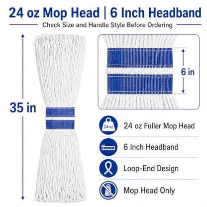Tidy Monster 24 oz Loop End Mop Head, Heavy Duty Mop Head Replacement with 6 Inch Headband, Machine Washable String Mop Refill Fits Most Clamp and Side Loading Handles for Home & Commercial Cleaning - color: White