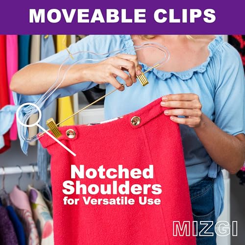 MIZGI Slim Clear Gold Pants & Skirt Hangers (20 Pack) – Adjustable Clips & Hooks, Transparent Non-Felt, Space-Saving for Dresses, Shirts, Blouses - color: Clear/Gold, size: 20-Pack