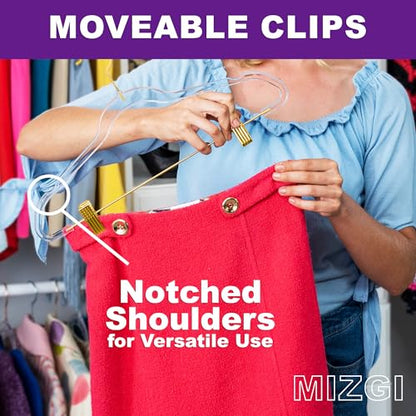 MIZGI Slim Clear Gold Pants & Skirt Hangers (20 Pack) – Adjustable Clips & Hooks, Transparent Non-Felt, Space-Saving for Dresses, Shirts, Blouses - color: Clear/Gold, size: 20-Pack