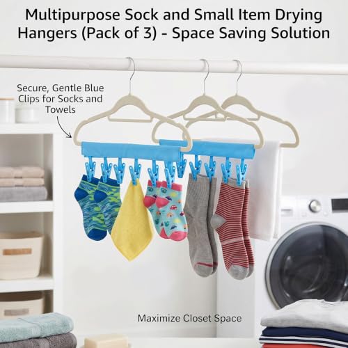 Mini Clothespins Travel Hangers 3-Pack Solid Blue, Foldable Portable Clothes Hangers with 6 Non-Slip Clips for Socks Swimsuit Towel Drying Rack, Cruise Dorm Camping Travel Essentials - color: 3-blue