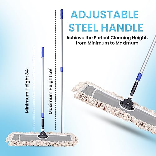 24" Industrial Cotton Floor Dust Mop with adjustable Steel Handle - Commercial Mops for Hardwood, Tiles, Laminate, Vinyl, Garage epoxy, Bamboo surface cleaning and Flooring Push Dust Broom - size: 24 Inch (Pack of 1)