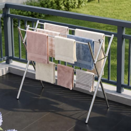 Small Drying Rack for Clothes, Compact 4 Drying Poles Foldable Laundry Rack, Stainless Steel Portable Clothes Airer for Towels, Baby Clothes, Bibs & Swimsuits, for Balcony & Laundry Room Use, Silver