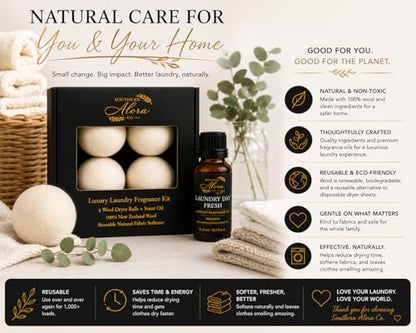 Luxury Wool Dryer Ball Kit, Laundry Day - 4 New Zealand Wool Balls + Oil - color: Laundry Day Fresh
