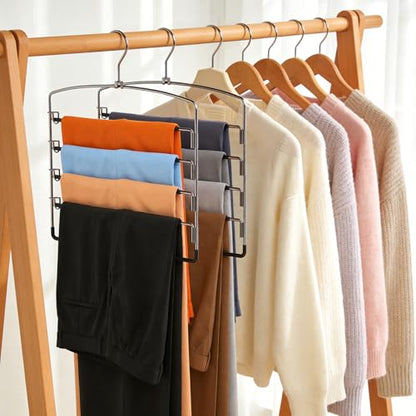Korpai 6-Pack Pants Hangers Space-Saving Multi-Layer,150° Rotate Metal Swing Arm Non Slip Rubber Coating,Closet Organizers and Storage 360 Swivel Top Hook for Jeans,Trouser,Slacks,Skirt,Scarfs,Towels