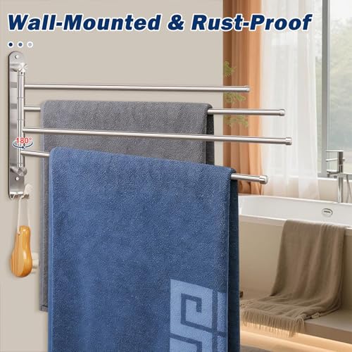 NearMoon Swivel Towel Rack, 19.5" Thicken 304 Stainless Steel 4-Arm Towel Bar, Space Saving Wall Mounted Towel Holder with Hook, Rustproof Swing Out Towel Hanger for Bathroom, Kitchen (Brushed Nickel) - color: Brushed Nickel, size: 19.5 Inch-Round