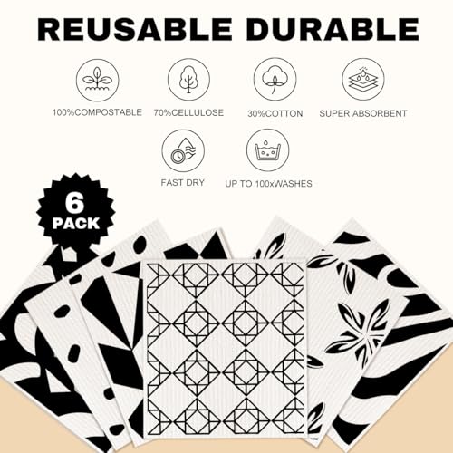 6 Pack Swedish Dishcloths Black White Kitchen Towels 17 - color: Multi 1530