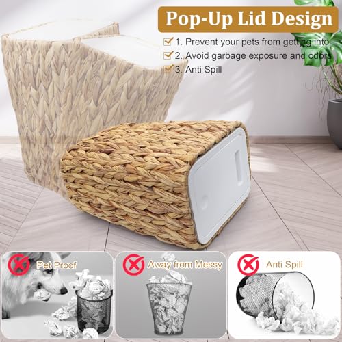 Small Trash Can with Lid, 3 Gallon Slim Trash Garbage Can Narrow Rubbish Waste Bin Basket with Press Top, Compact Woven Wicker Wastebasket Wastepaper Basket for Bathroom Bedroom Office
