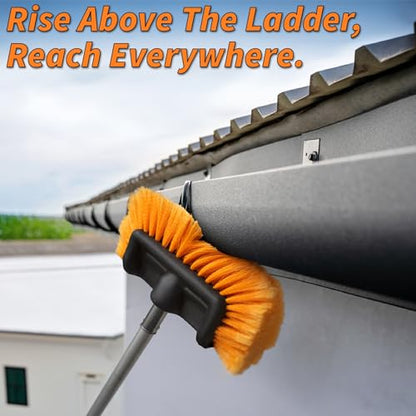 14 Foot Exterior House Cleaning Brush Set with 5-8 ft Extension Pole & Chenile Microfiber Wash Mitt // Vinyl Siding Brushes with Telescopic Pole & Window Squeegee Tool // Extension Scrub Brush Set