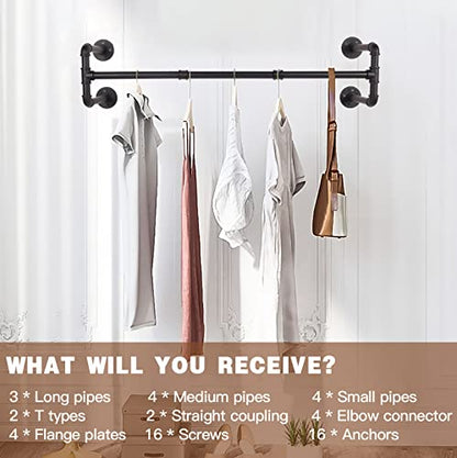 Wall Mounted Clothes Rack - 54" Industrial Pipe Clothing Garment Rack, Space-Saving Heavy Duty Detachable Black Iron Clothes Hanger Pole, Multi-Purpose Hanging Rod for Closet Storage, 4 Base - size: Black 54" x1 pcs(4Base)