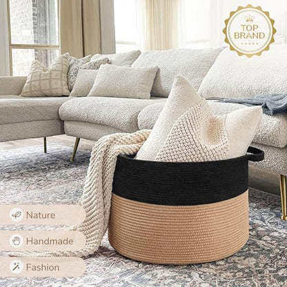 INDRESSME XXXLarge Woven Rope Blanket Basket Living Room Black Camel, 90L - color: Black & Camel, size: 21.7"D x 13.8"H