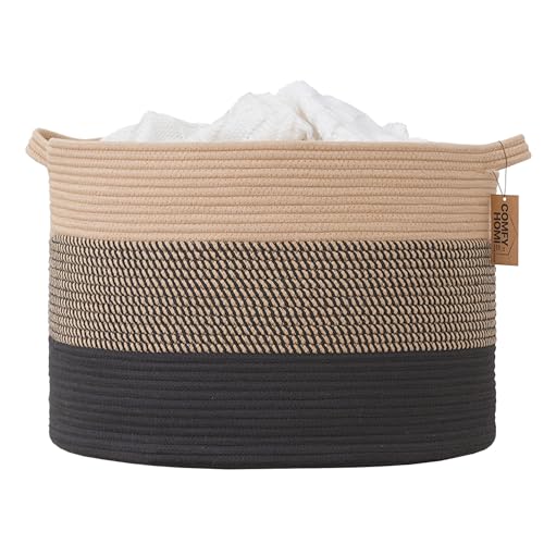COMFY-HOMI XXXL Large Laundry Basket, Cotton Rope Nursery Woven Basket for Storage, Blanket Baskets Living Room Laundry Hamper, Dog Toy Storage Organizer, Home Decor-21''x21''x13.6''-Jute and Black - color: black/camel, size: 21''x21''x13.6''