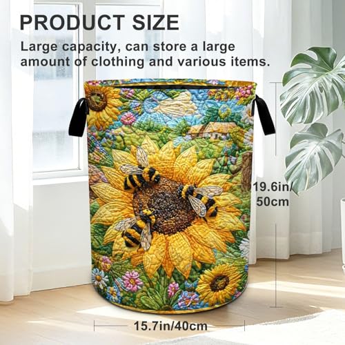 Bee Sunflowers Laundry Basket Foldable Oxford Laundry Hamper With Handle For Room Bathroom Bedroom - color: Bee