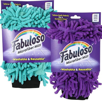 Fabuloso Microfiber Cleaning Mitts – Teal & Purple, One Size Fits All | Lint-Free, Scratch-Free Gloves for Dusting Surfaces & Furniture | Bold & Bright Microfiber Cleaning Cloths, 2-Pack