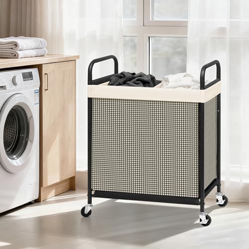 STORAGE MANIAC Rolling Laundry Hamper with Wheels 2-Section Laundry Sorter Rolling Laundrys Basket on Wheels with Removable Bag Clothes Hamper Laundrys Organizer Cart Bathroom Bedroom 100L Beige - color: Beige, size: 2-Section