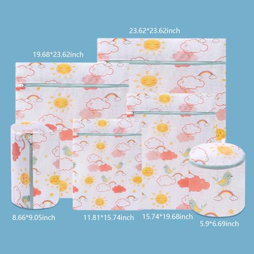 Mesh Laundry Bag Set with Zipper, 6 Sizes for Delicates - color: Rainbow Bird