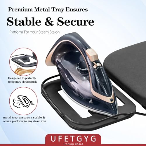 UFETGYG Ironing Board, Metal Panel Iron Board |43" X 13" W/with Iron Rest | Full Metal Construction| Height Adjustable | Heat & Scorch Resistant Fabric | Anti-Skid Feet | Heavy Duty| Easy to Fold - color: Black