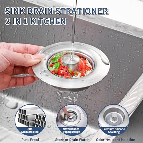 3 in 1 Kitchen Sink Drain Strainer & Pop Up Sink Stopper 2 Pack, Sink Strainer Anti-Clogging Kitchen Sink Basket, Odor-Free Water Catcher, Universal 3-1/2" Fit for US Standard Kitchens - color: Gunmetal Grey
