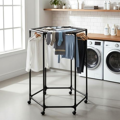 Clothes Rack with Wheels, Clothing Rack with drying mesh, Standing Garment Storage for Indoor, Hanging Rod for Bedroom Laundry Room, Coat Dress Organizer on Wheels (48.4" H)