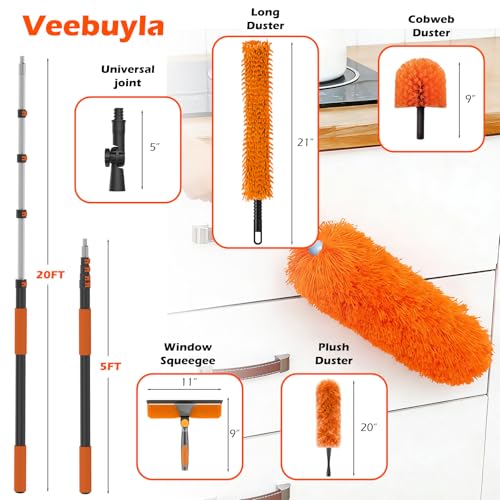 25FT Reach High Ceiling Duster Kits with 5-20FT Adjustable Pole - Includes Extra Long Duster, High Ceiling Duster, Rotatable Window Squeegee & Cobweb Duster for Ceiling Fans and Whole House Cleaning - color: Orange, size: 20FT