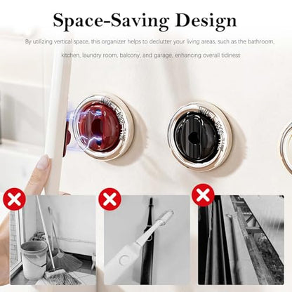 3-Piece Magnetic Clothes Rod Bracket and Mop Broom Holder - No-Drill, Wall-Mounted Organizer for Bathroom, Kitchen, Laundry Room, Balcony, and Garage - Space-saving Utility Rack