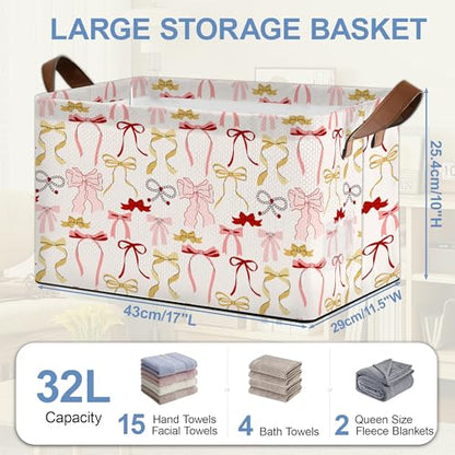 Cute Pink Bow Storage Baskets,Foldable Organizer Bin with Handles for Home Living Room Bedroom Closet Box 17x11.5x10Inch - color: Cute Pink Bow