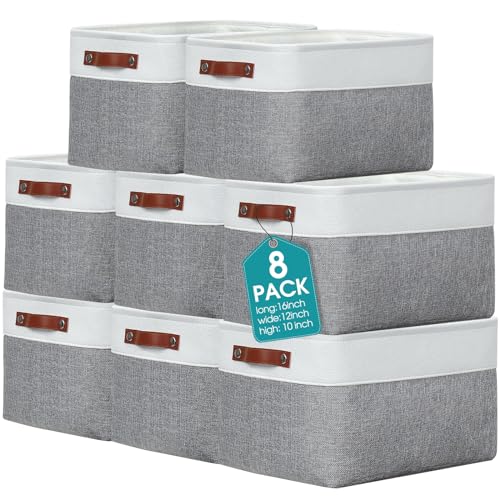 Uiifan 16 x 12 x 10 Inch 8 Pack Fabric Storage Baskets with Handles, Gray - color: Gray, size: 16 x 12 x 10 Inch