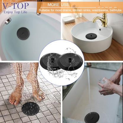 V-TOP Bathtub Drain Stopper 2 Pack, 5 inches Silicone Tub Stopper Shower Drain Cover, Bath Tub Plug Hair Stopper,Universal Flat Suction Renter Friendly Bath Accessories - color: 5" Black