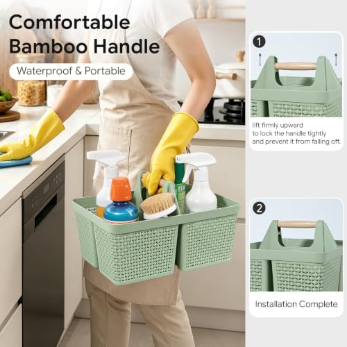 UUJOLY Portable Plastic Shower Caddy Basket with Wooden Handle, Green - color: Green