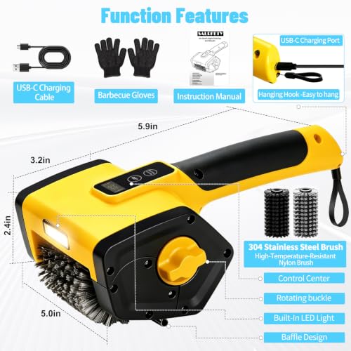 Electric Grill Brush,2-Speed Rechargeable BBQ Grill Cleaner, up to 160 min Runtime, 304 Stainless Steel Brush, LED Light, 2 Brush Heads Included, Most Outdoor Grill Grates - color: Yellow
