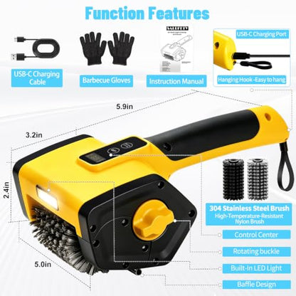 Electric Grill Brush,2-Speed Rechargeable BBQ Grill Cleaner, up to 160 min Runtime, 304 Stainless Steel Brush, LED Light, 2 Brush Heads Included, Most Outdoor Grill Grates - color: Yellow