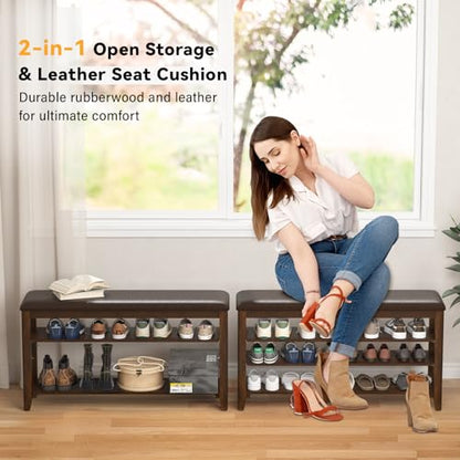 Taitiy Shoe Bench with 3 Tier Adjustable Shelves Rubberwood Entryway 47.2'' - color: Walnut, size: 47.2''