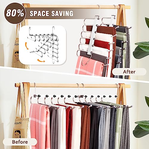 HUITEM 4 Pack 6-Tier Space Saving White Pant Hangers, Anti-Slip, Lightweight, Stainless Steel, Ideal for Closet Organization, Free Installation - color: White, size: 4 Pack