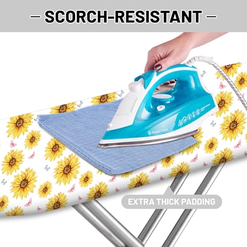 Extra Thick Ironing Board Cover and Pad, Summer Sunflowers 15x54 Ironing Board Cover, Resist Scorching and Staining,Elastic Edges,Farmhouse Spring Summer Yellow Flowers Butterfly - color: Pink Black
