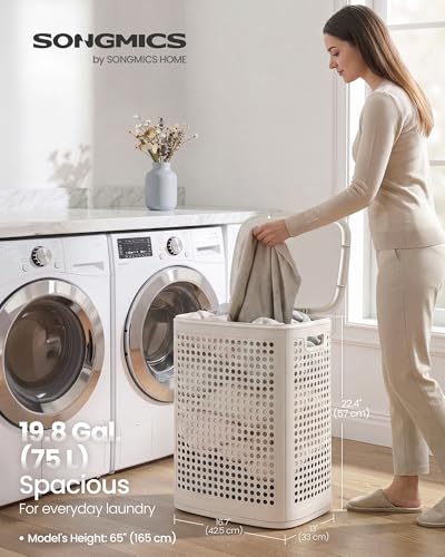 SONGMICS Laundry Hamper with Lid, 75 L Ventilated Basket, Cutout Handles - color: Cappuccino Beige, size: Lid