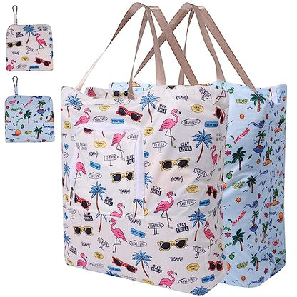 2 Pack Travel Laundry Bag with Handle and Drawstring, Expandable Foldable Dirty Clothes Bags with Hook and Zipper, 23*20 inch, Vacation - color: Vacation