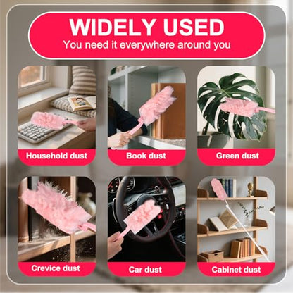 ITTAR 30 Count Duster Refill kit, Dust Cleaning Supplies with Extension Pole, Fan Feather Dusters with 2 Types Handle for Cleaning Home, Celling Fan, Blinds, Furniture, Vent & Shelves-Pink
