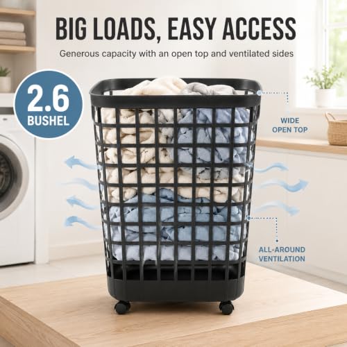 Black Rolling Laundry Hamper w/Casters, 2.6 Bushel Capacity - color: Black-Wheel-2.6 Bushel