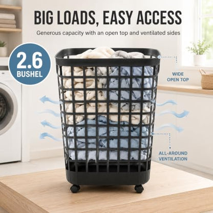 Black Rolling Laundry Hamper w/Casters, 2.6 Bushel Capacity - color: Black-Wheel-2.6 Bushel