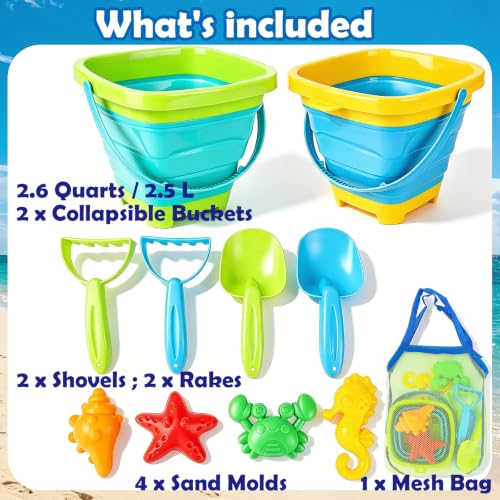 VGY Space-Saving Beach Toys for Kids,2 Collapsible Sand Buckets with Shovels,Rakes,Molds & Mesh Beach Bag,Portable Travel Sandbox Toys for Toddlers Ages 3-10