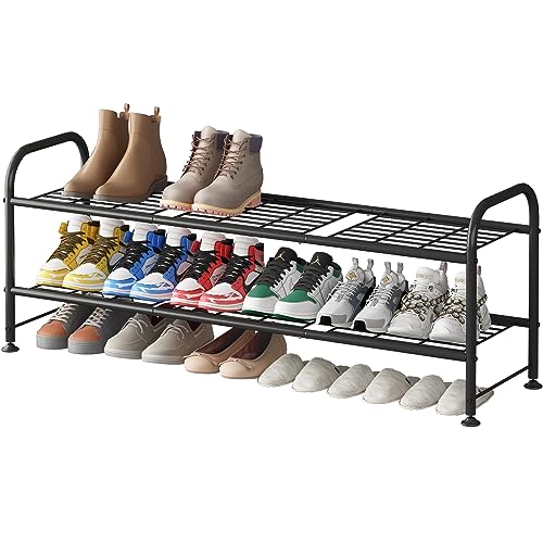 LINZINAR 2 Tier Long Shoe Rack for Closet Metal Shoe Organizer for Entryway - color: Black, size: 2-Tier