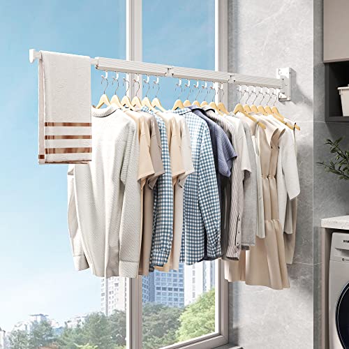 Wall Mounted Tri-Fold Clothes Drying Rack, Heavy Duty Collapsible Laundry Drying Rack, Space-Saving Retractable Foldable Drying Rack Clothes for Laundry Room Balcony Bathroom,White-Hooks - style: White-Hooks